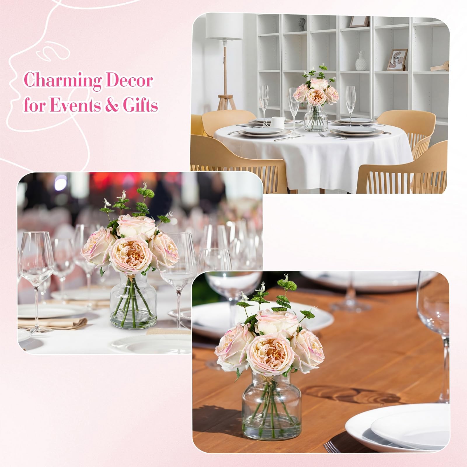 Real Touch Peonies Artificial Flowers Faux Austin Rose Vase Light Pink 6 PCS