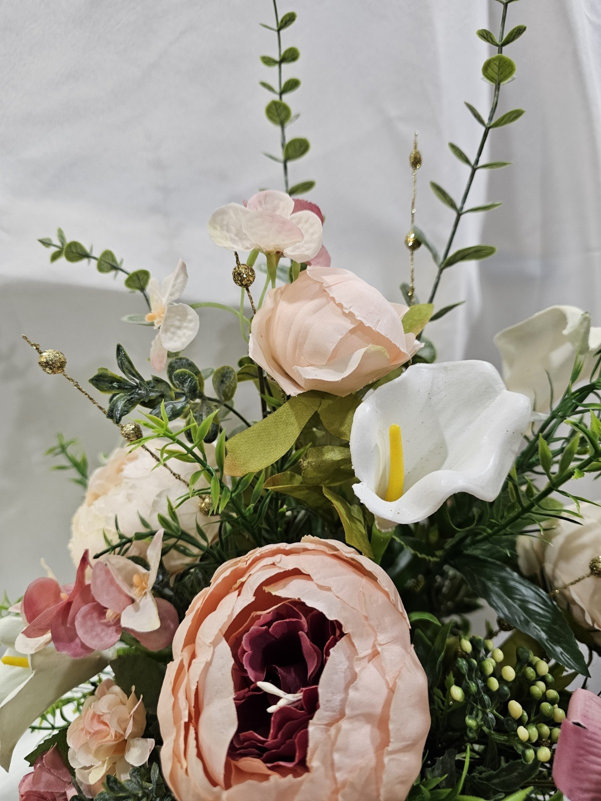 Artificial Flower Arrangement Peonies Calla Lilies Glistening Gold Accen & Vase