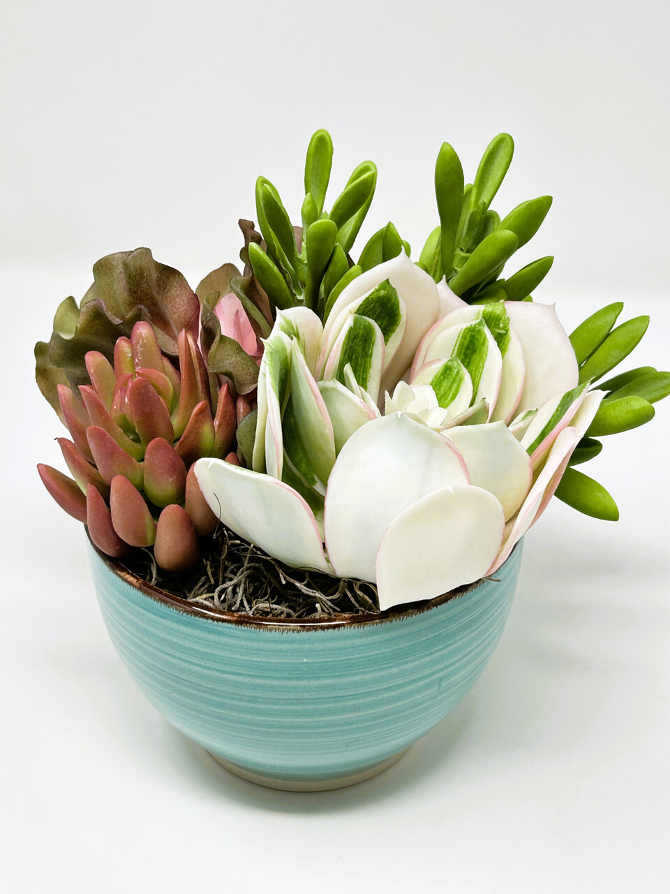 7″ Artificial MAUVE PINK mixed Succulent Garden #16, Blue Ceramic Bowl Planter