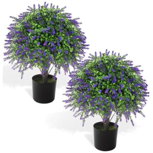 2 Pcs Artificial Lavender Topiary Ball Trees Potted Plants, UV Medium Purple