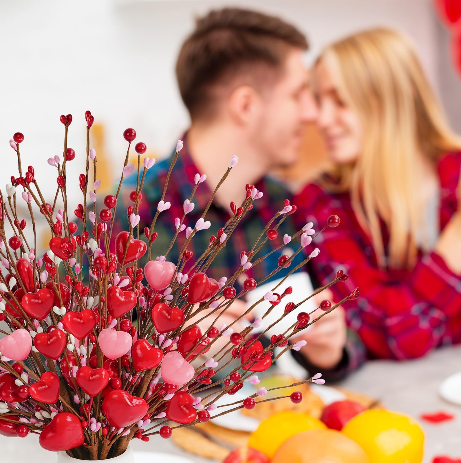 Valentine’s Day Decorations – 6 Pcs Heart Picks with Red Pink Flowers & Berries