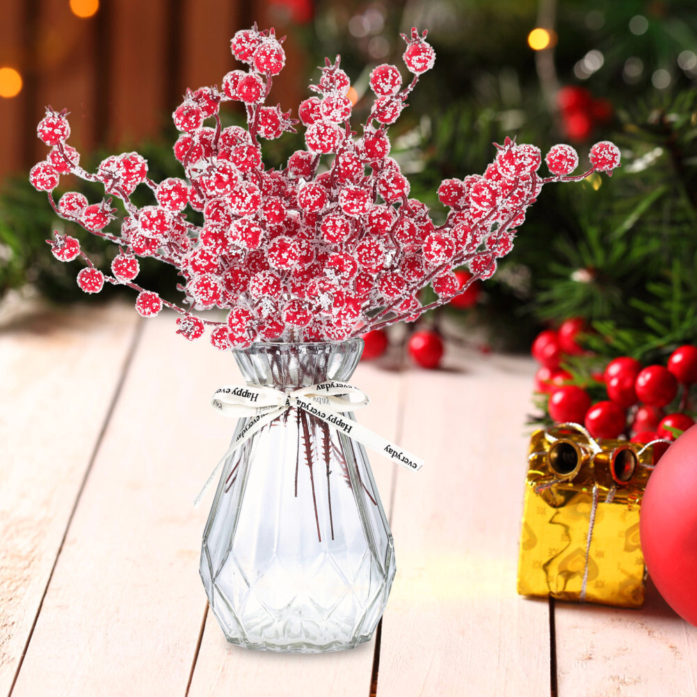 10PCS Frosted Stems Red Christmas Tree Decoration Fruit Lifelike