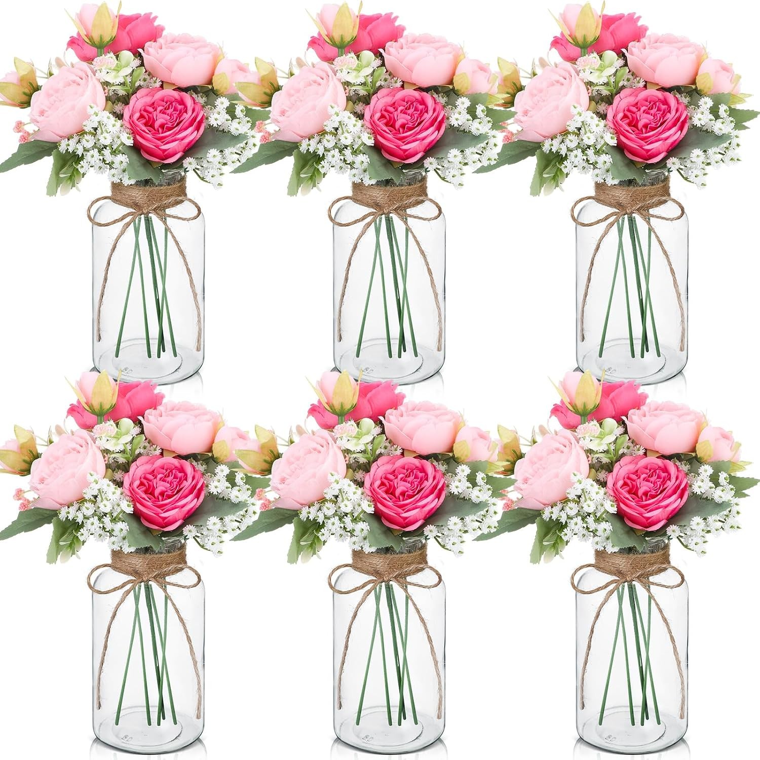 6 Sets Mason Jar Table Centerpiece W/ Artificial Peony Baby’s Breath Flower