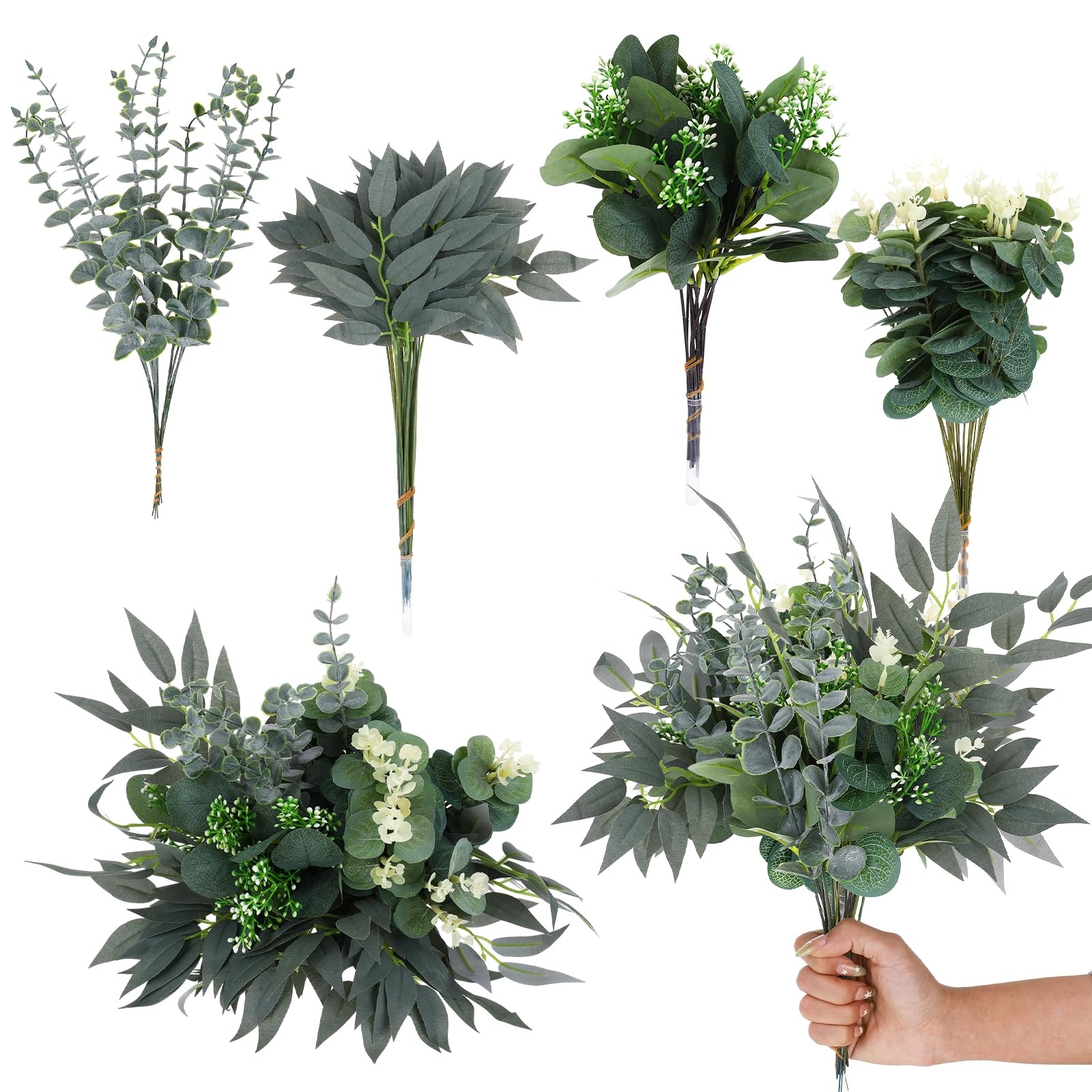 100PCS Eucalyptus Stems Bulk,4 Kinds Mixed Artificial Greenery Stems,Fake Euc…