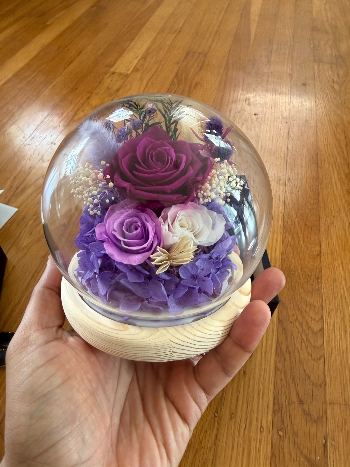 Preserved Eternal Rose Purple Glass Globe Dome LED Wood Base Gift Box Flowers