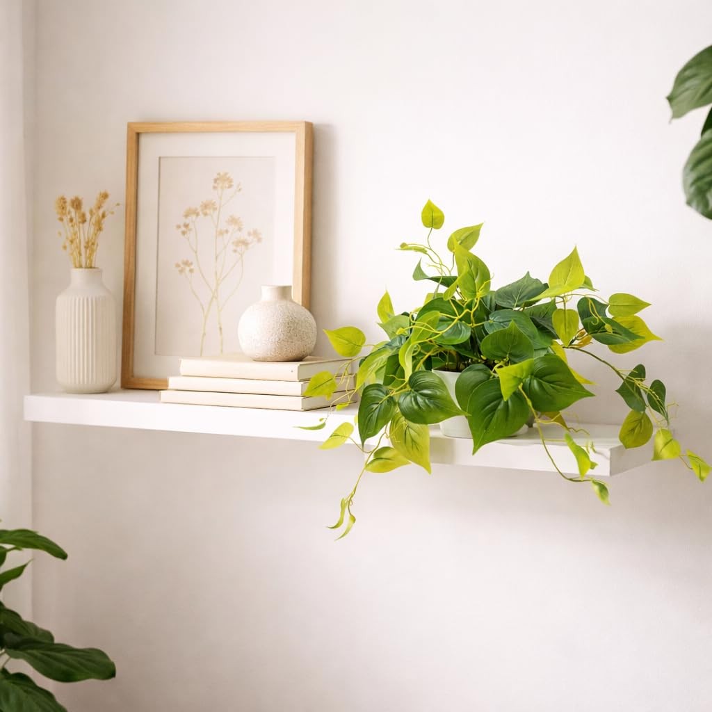 2 PCS Fake Pothos Hanging Plants Faux Ivy Vines Green With White Pots Decor