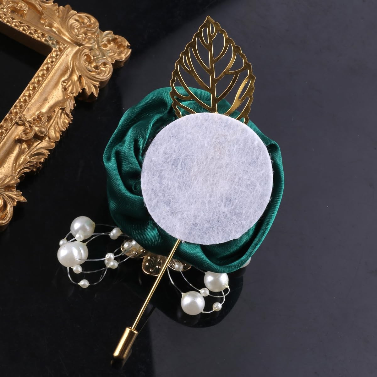 5pcs Emerald Green Boutonniere, Gold Leaf, Faux Silk Rose, Corsage, Wedding
