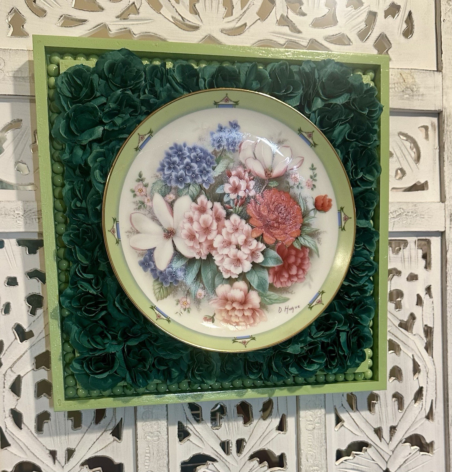 Upcycled Danbury Mint Plate 3D Wall Decor – Floral Roses Beaded Frame (12″)