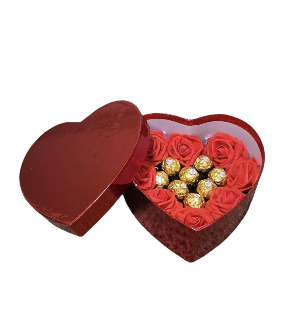 Floral arrangement with boxed chocolates, shape of heart, red flowers eternal