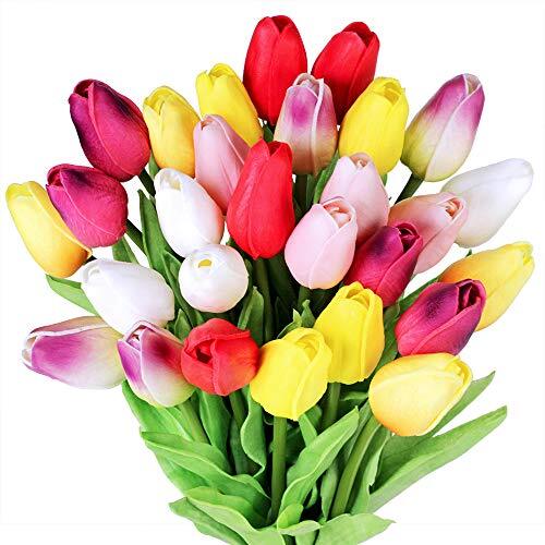 28 Pcs Multicolor Tulips Artificial Flowers Faux Tulip Stems Real Multi Color