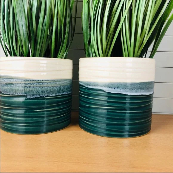2-Pack Crate & Barrel Artificial Onion Grass in Porcelain Pots *NEW