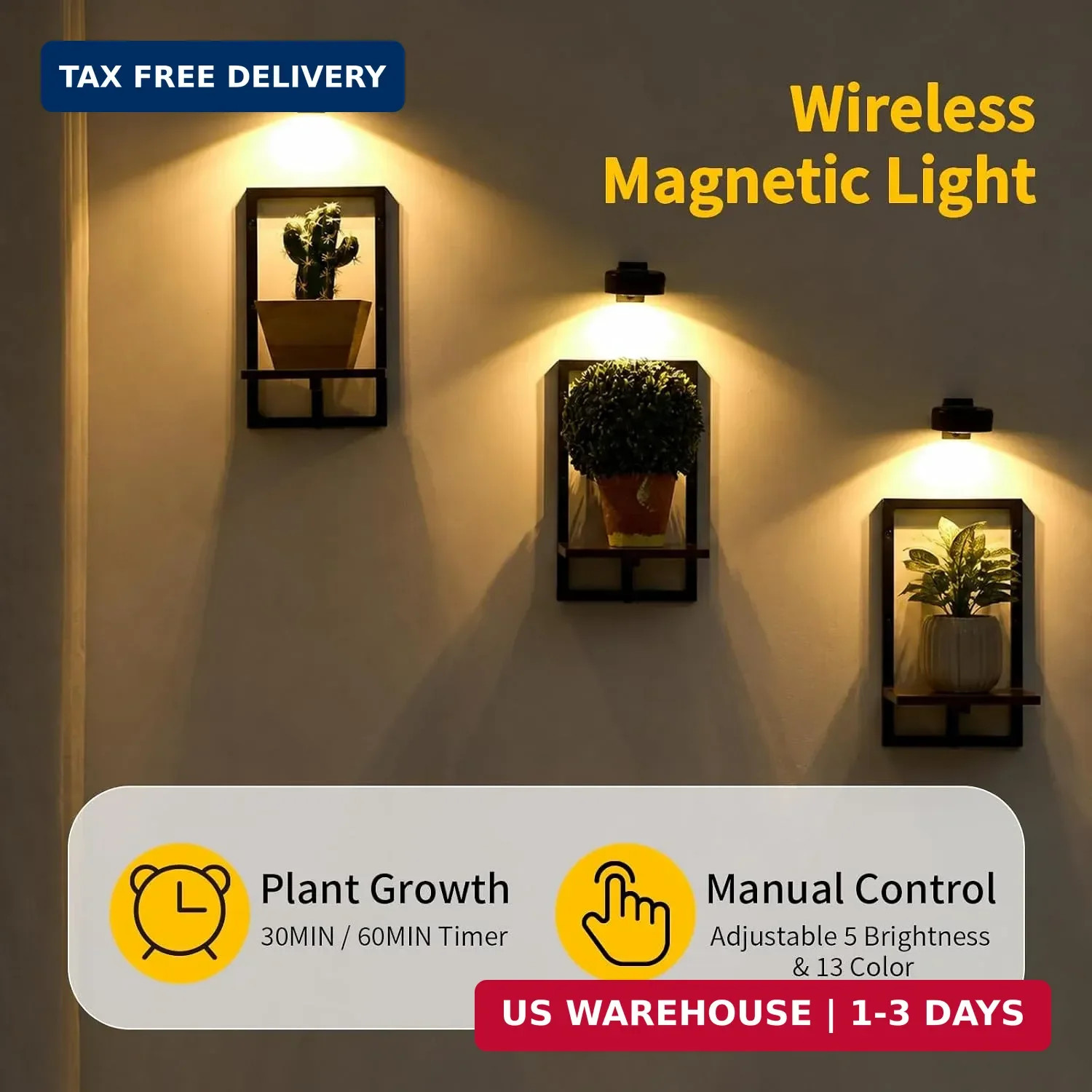 Wall Planters with Grow Lights, Set of 3 Floating Shelves for Indoor Plants, Bed