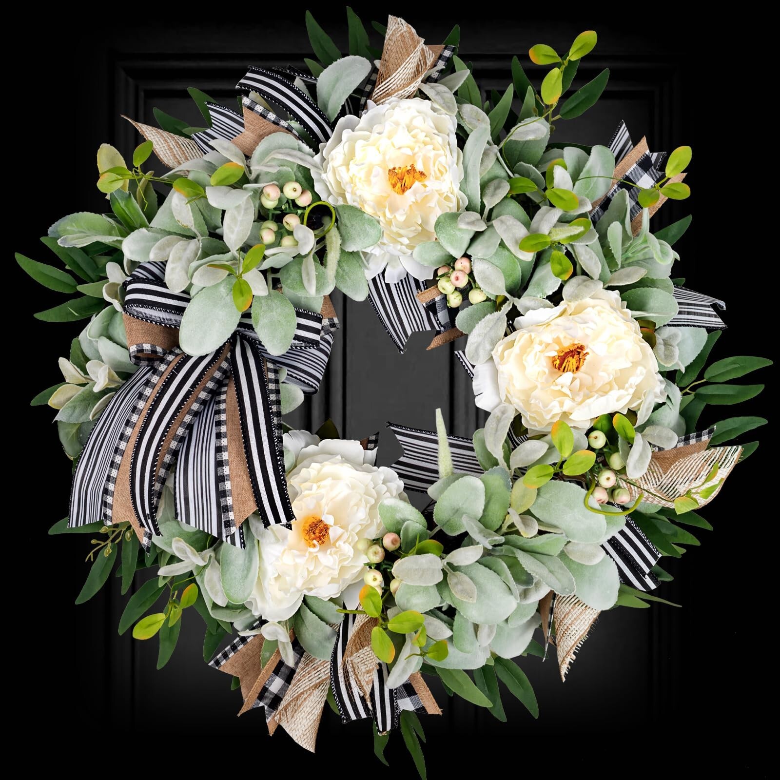 Lambs Ear Wreaths for Front Door Year Round Outside, 20” Artificial Spring S…