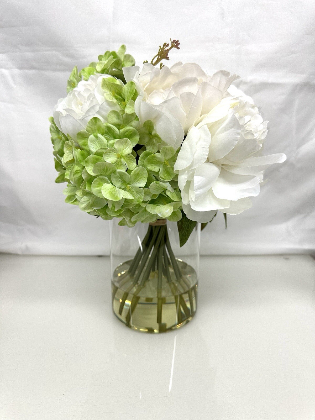 Artificial Peony Hydrangea and Tulip Glass Arrangement 13″ New