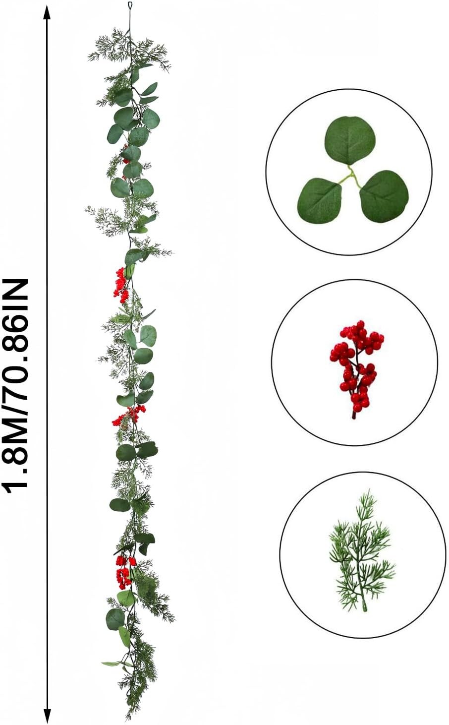 5.9 Feet Eucalyptus Leaves Red Berry Norfolk Pine Christmas Greenery Garland