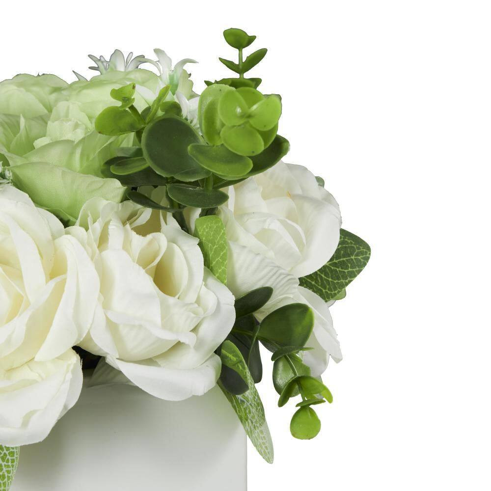10 In. White Artificial Flower with Green Leaves and Square Ceramic Vase