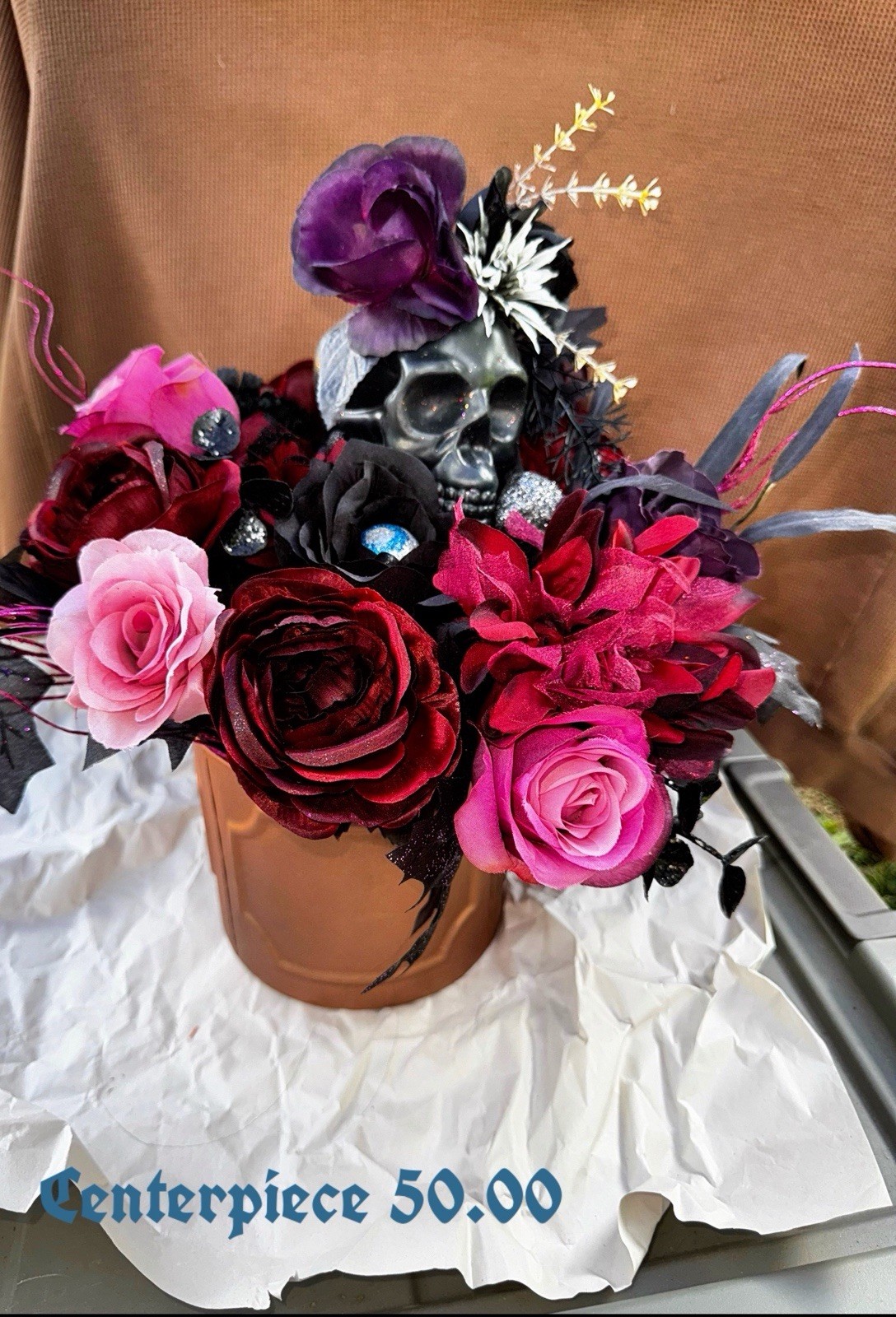 Halloween Artificial Pink Red Purple Rose Dahlia Skull Flower Centerpiece