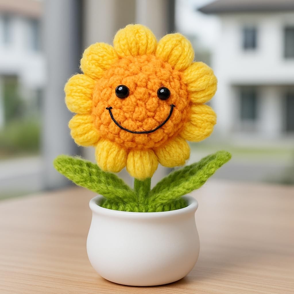 13CM Handmade Crochet Smiling Flower Pot Yellow | Cute Desk Décor Showpiece |