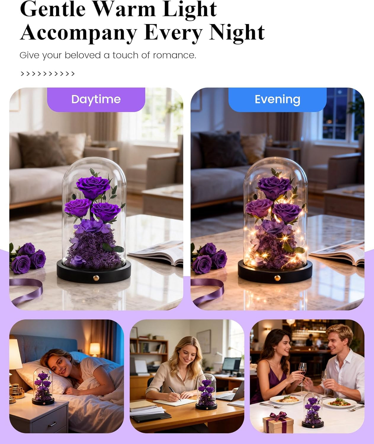 Mothers Day Roses Gifts for Mom,Forever Purple Preserved Rose in Glass Dome,Moth