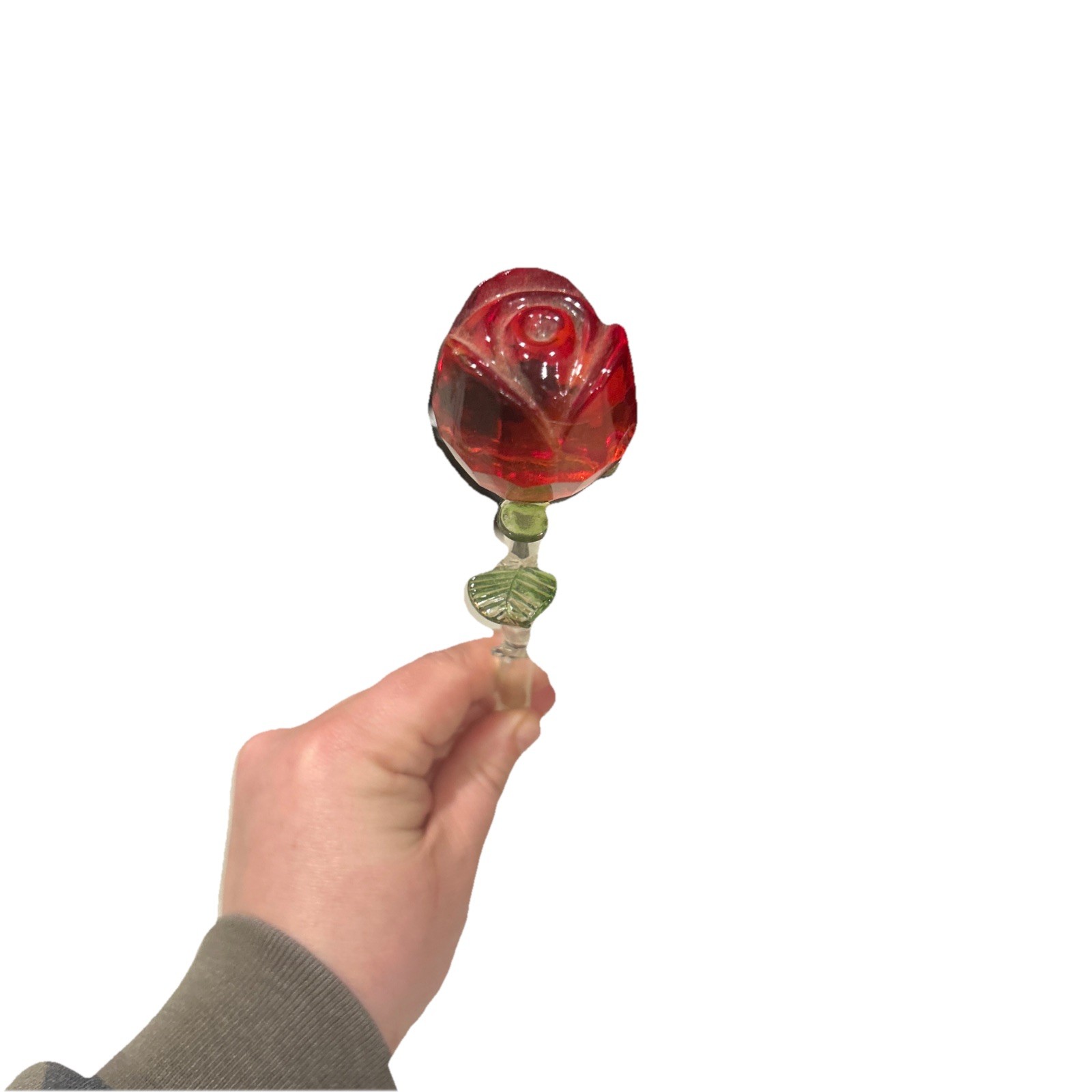 Lot 2 Crystal Glass Red Rose Clear Green Stem 13” In Tact (missing some petals)
