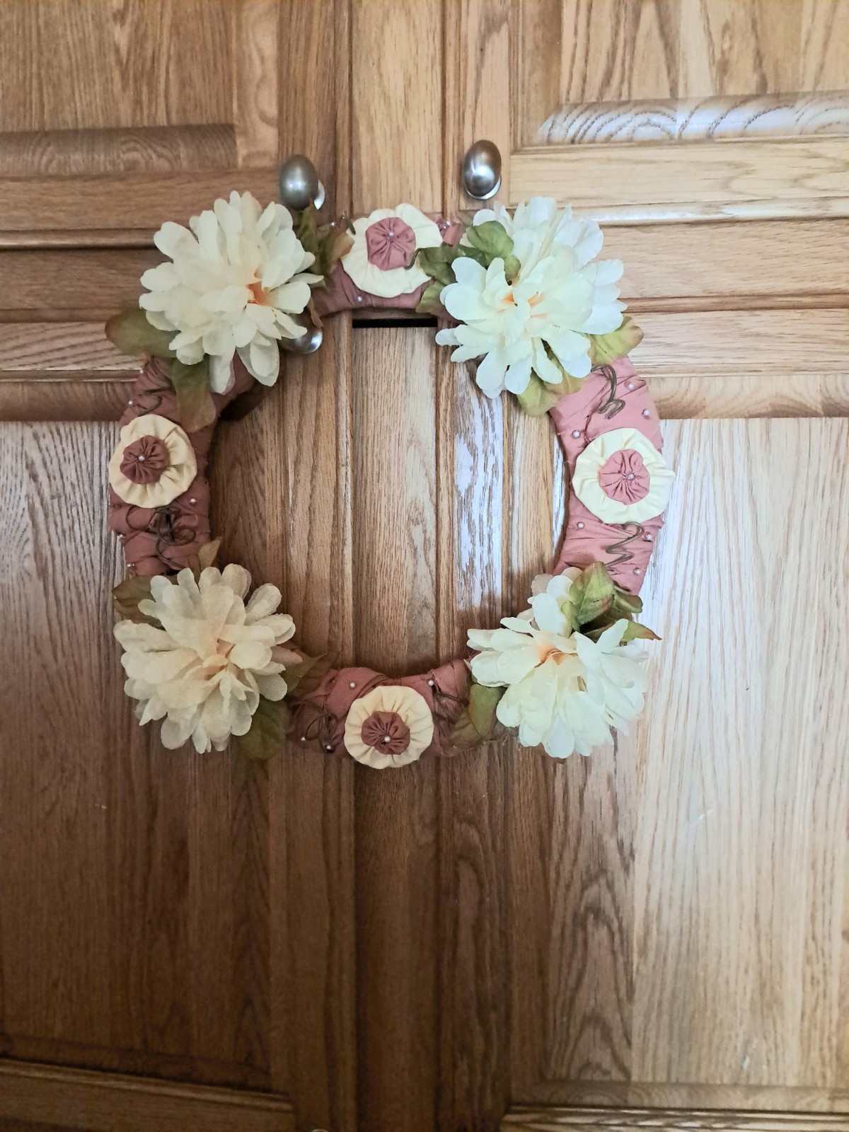 Pretty Homemade Floral Wreath with Cream Flowers 15″ Wide