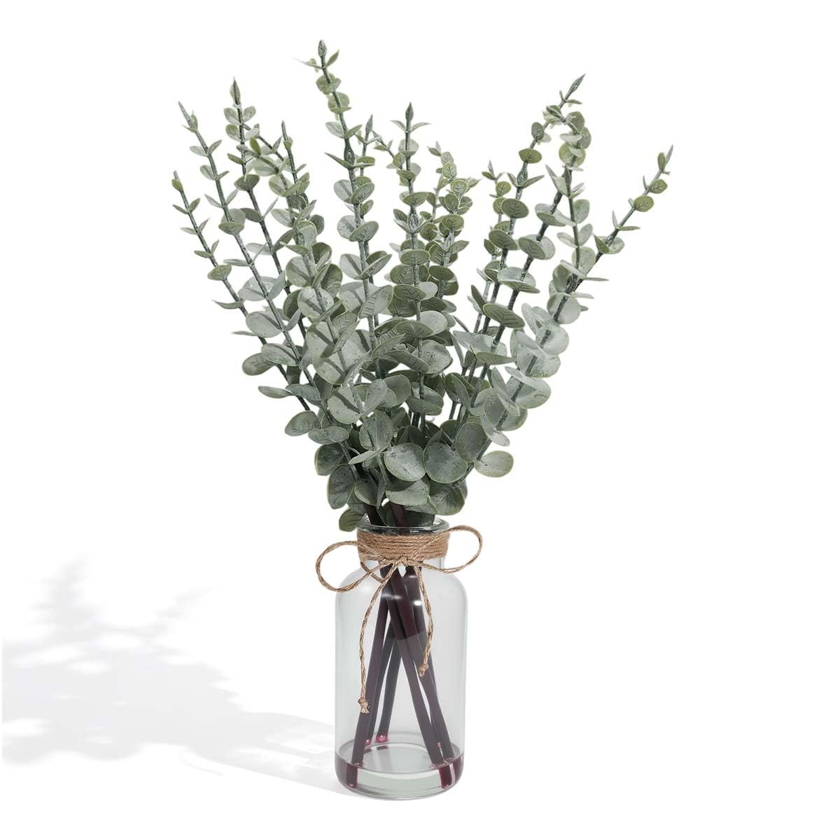 Artificial Eucalyptus Stems in Glass Vase with Faux Water, 17.5 Inch Mini Fau…
