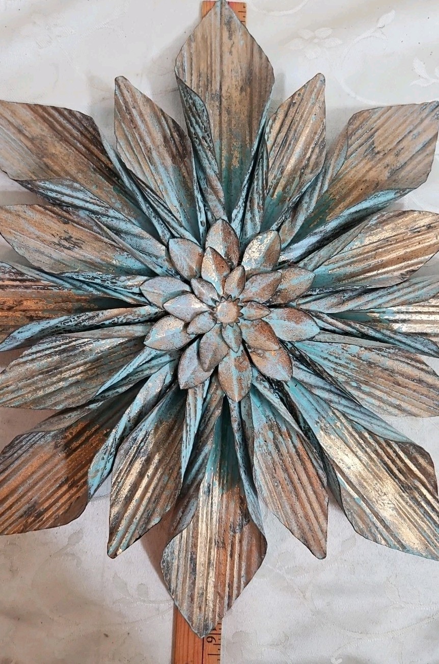 Metal 2 Pc 16″ Hanging Flowers with Rust/Gold/Teal Accents, Quality Textured