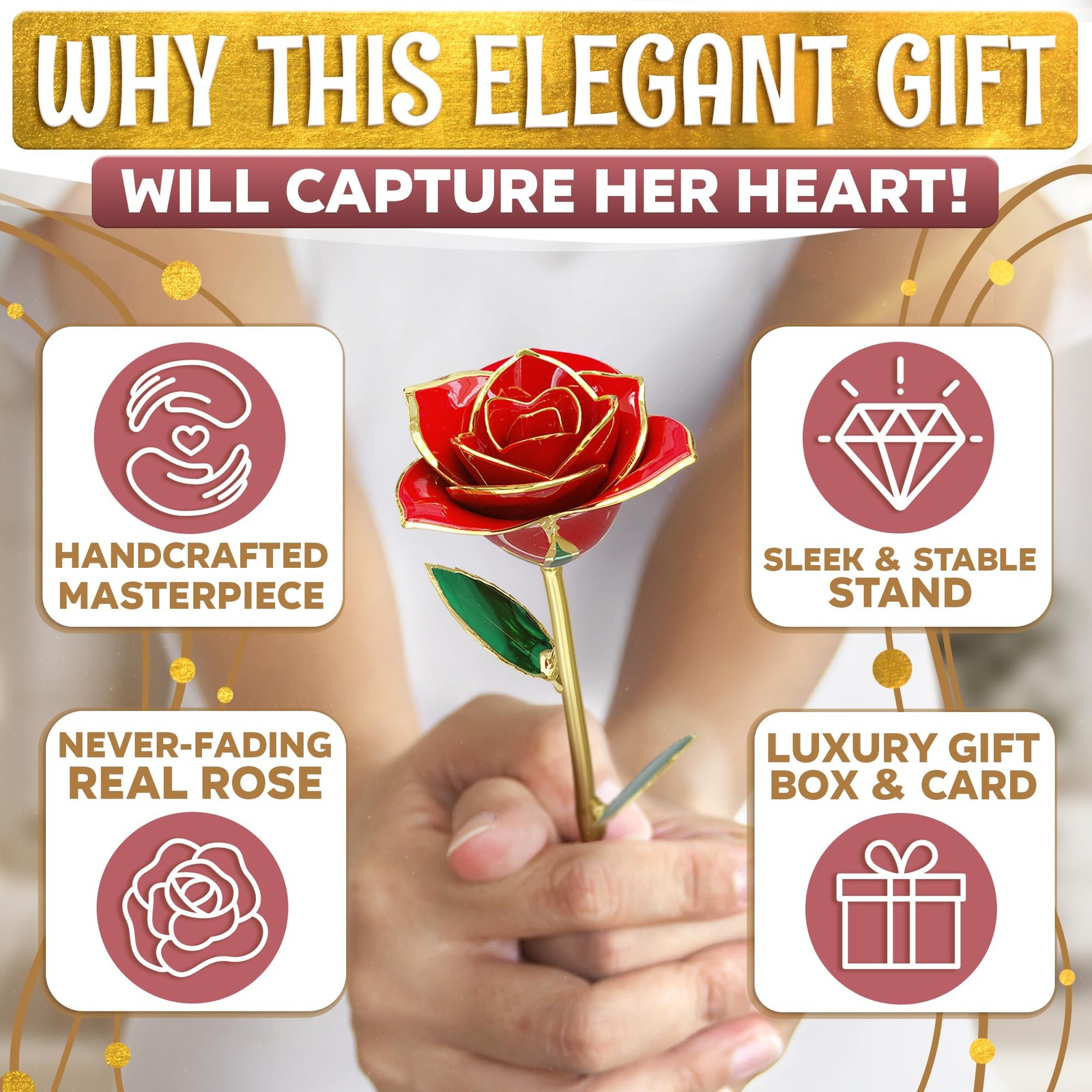 24K Gold Dipped Real Rose Flower for Girlfriend Wife Birthday Valentine’s Day