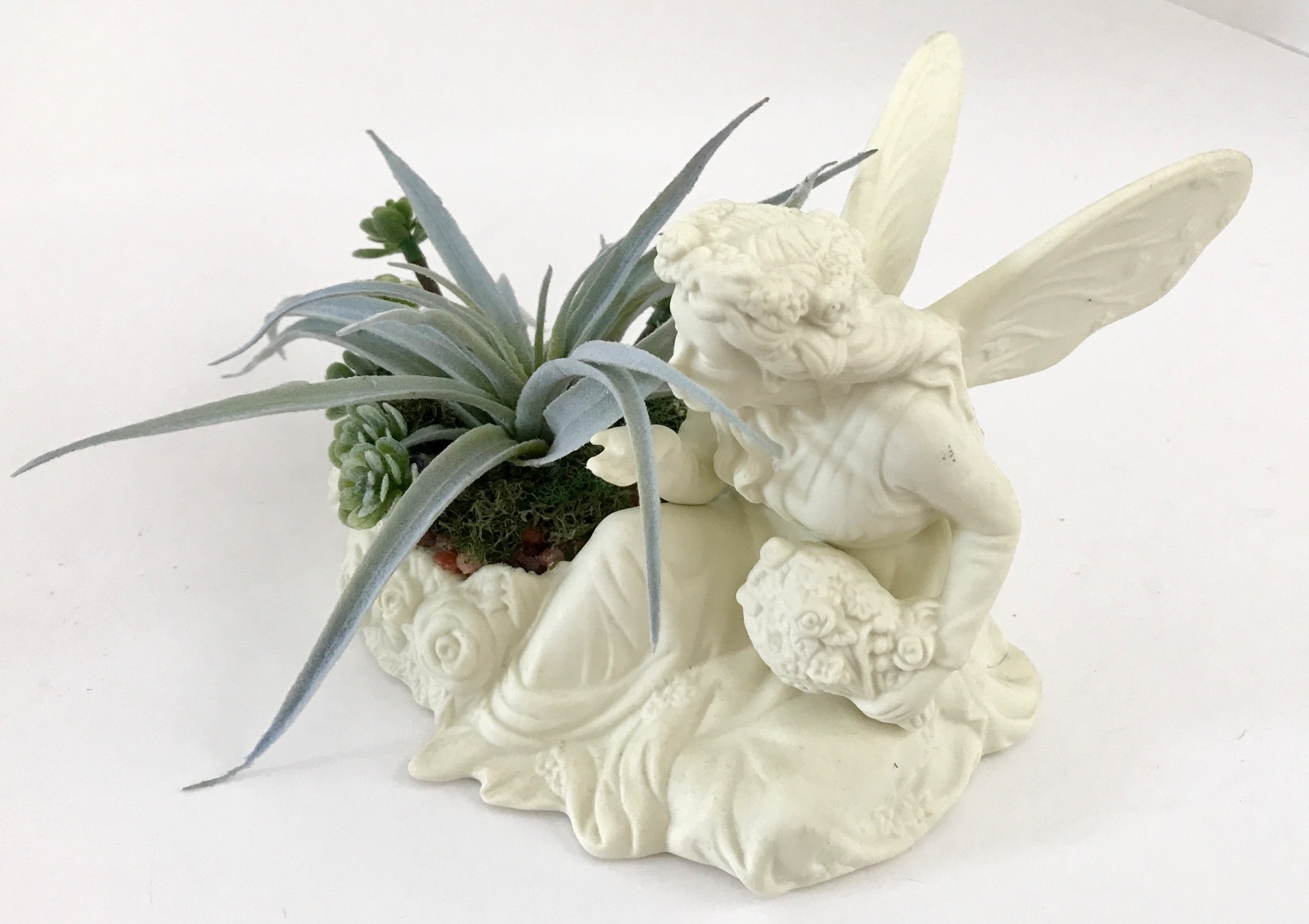 Decorative Ceramic White Seated Angel with Flower Basket Green Grass Succulent