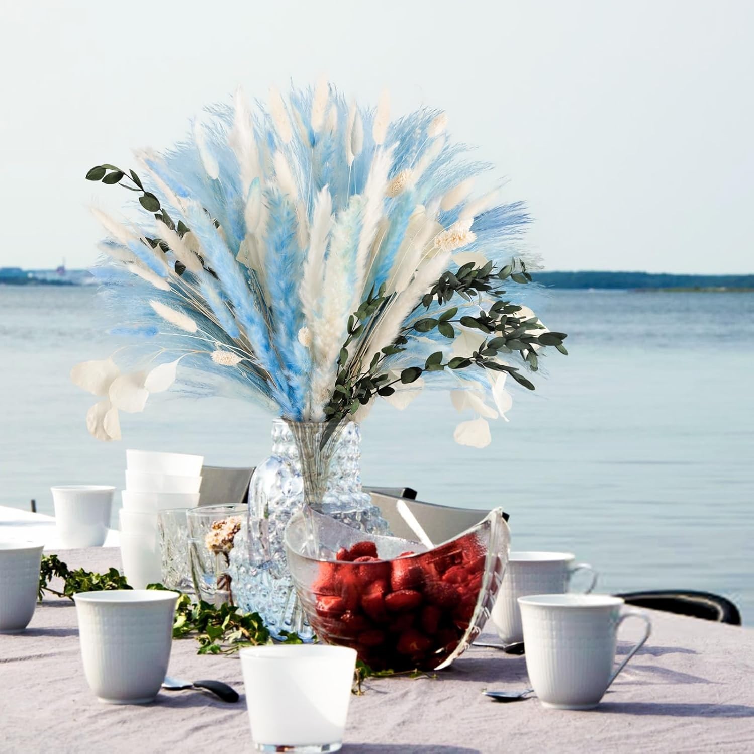 Pampas Grass Decor 101pcs Blue Dried Flowers Boho Indoor Wedding Beach Theme DIY
