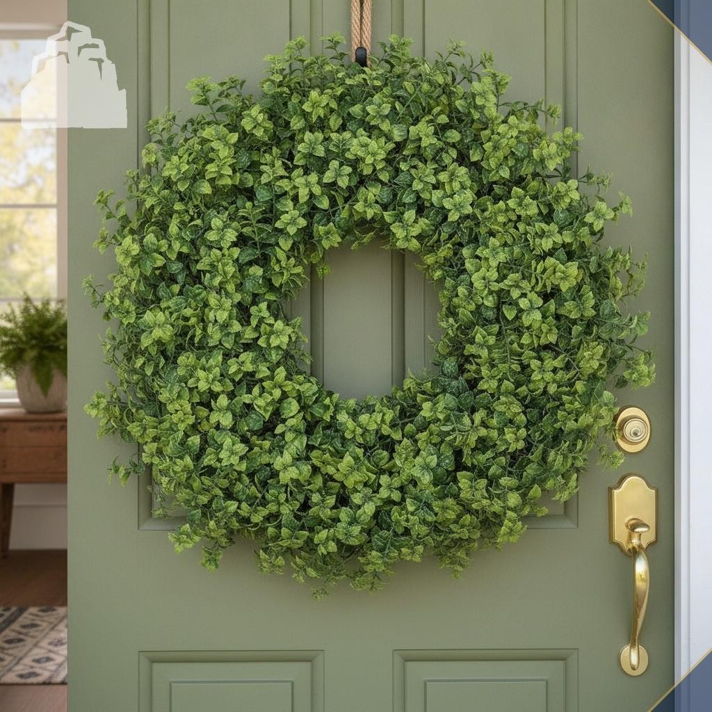 26 Inch Artificial Mint Leaves Wreath Faux Plant Door Decor
