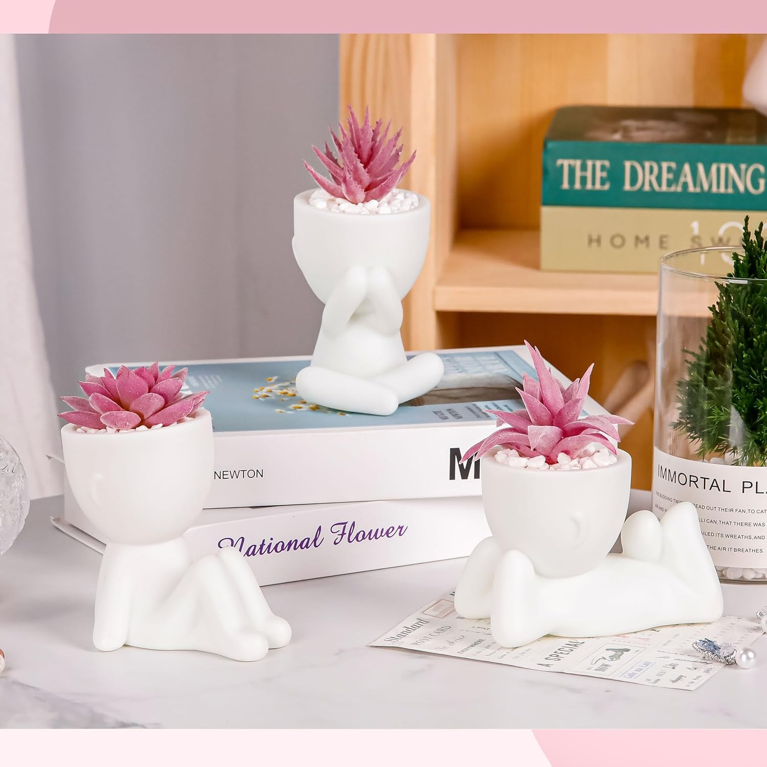 Der Rose 3 Pcs Fake Succulents Plants Artificial Pink Room Office Desk Decor for