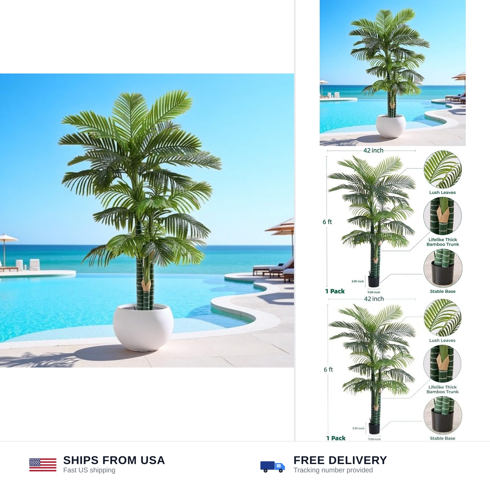 6FT Tall Triple Golden Cane Palm Tree (1 Pack), Large Faux Plants, UV Resista…
