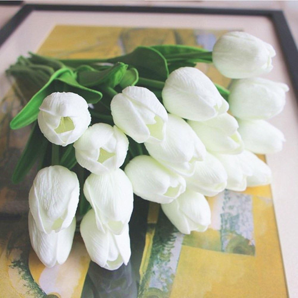 10 Real Touch White Tulips – Luxurious Artificial Flower Arrangement for Home