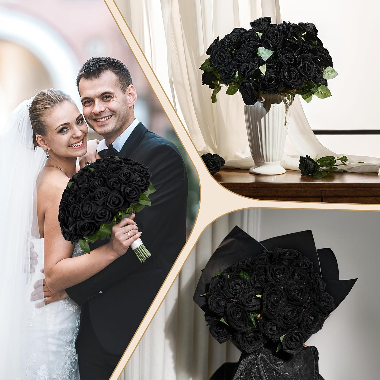 Amyhomie 48 PCS Black Roses Velvet Realistic Artificial Flowers with Bendable St