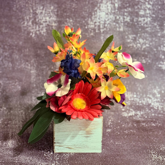 Gerbera Daisy Centerpiece Pink Faux Floral Arrangement Wooden Box Floral Decor