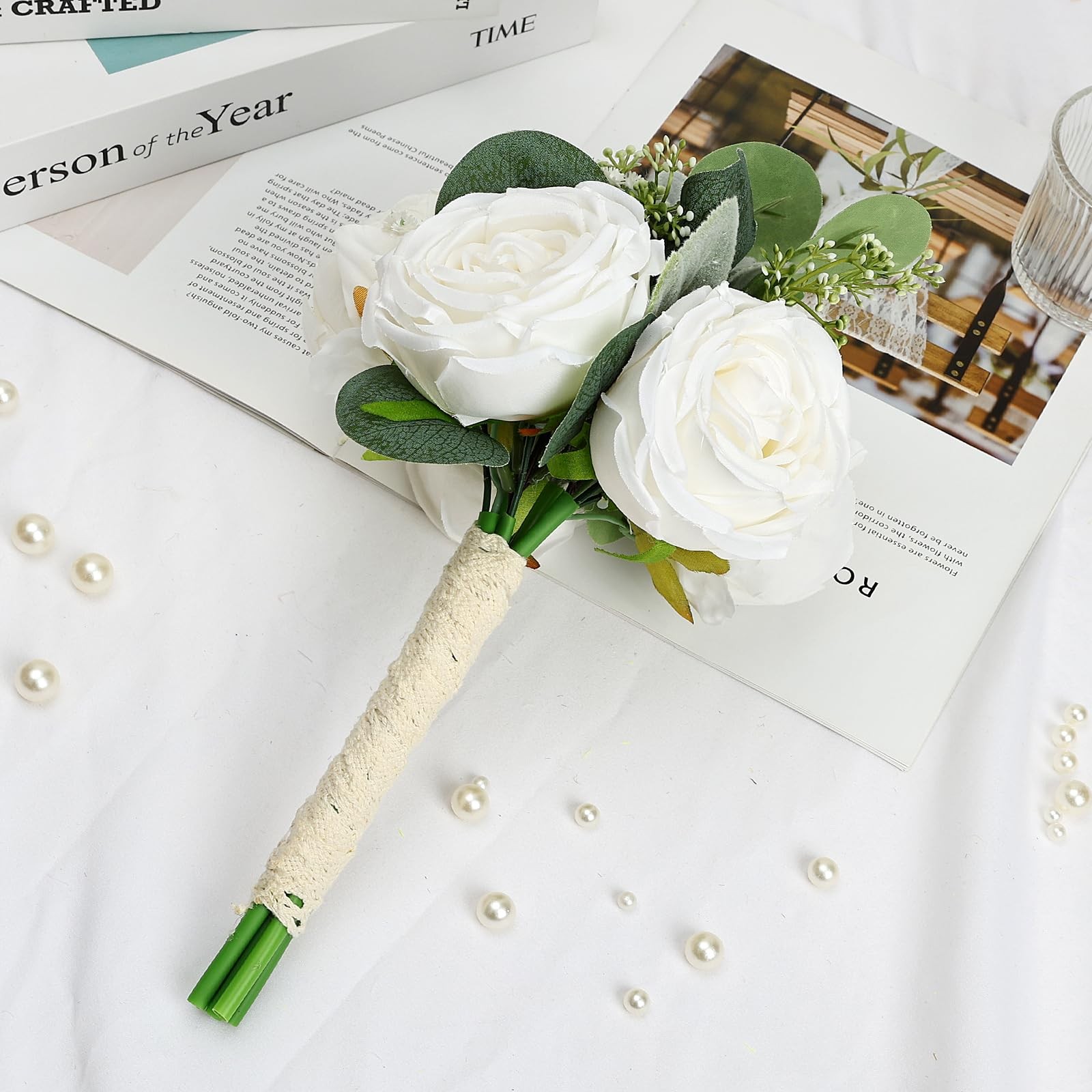 4 PCS Ivory White Peonies & Rose Bridesmaid Bouquets Wedding Decor