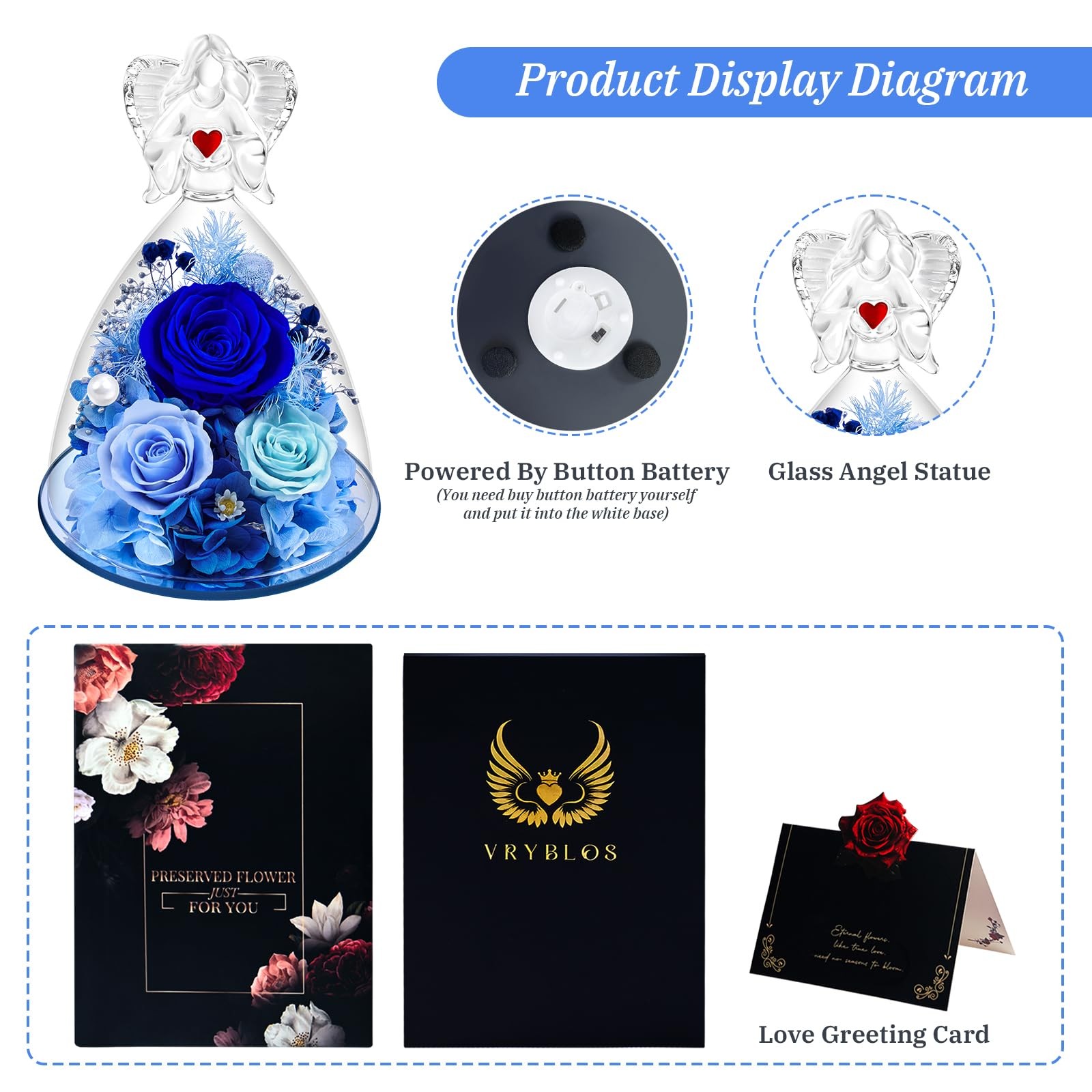 Preserved Flowers in Glass Angel Figurine with LED Light,Forever Real Roses P…
