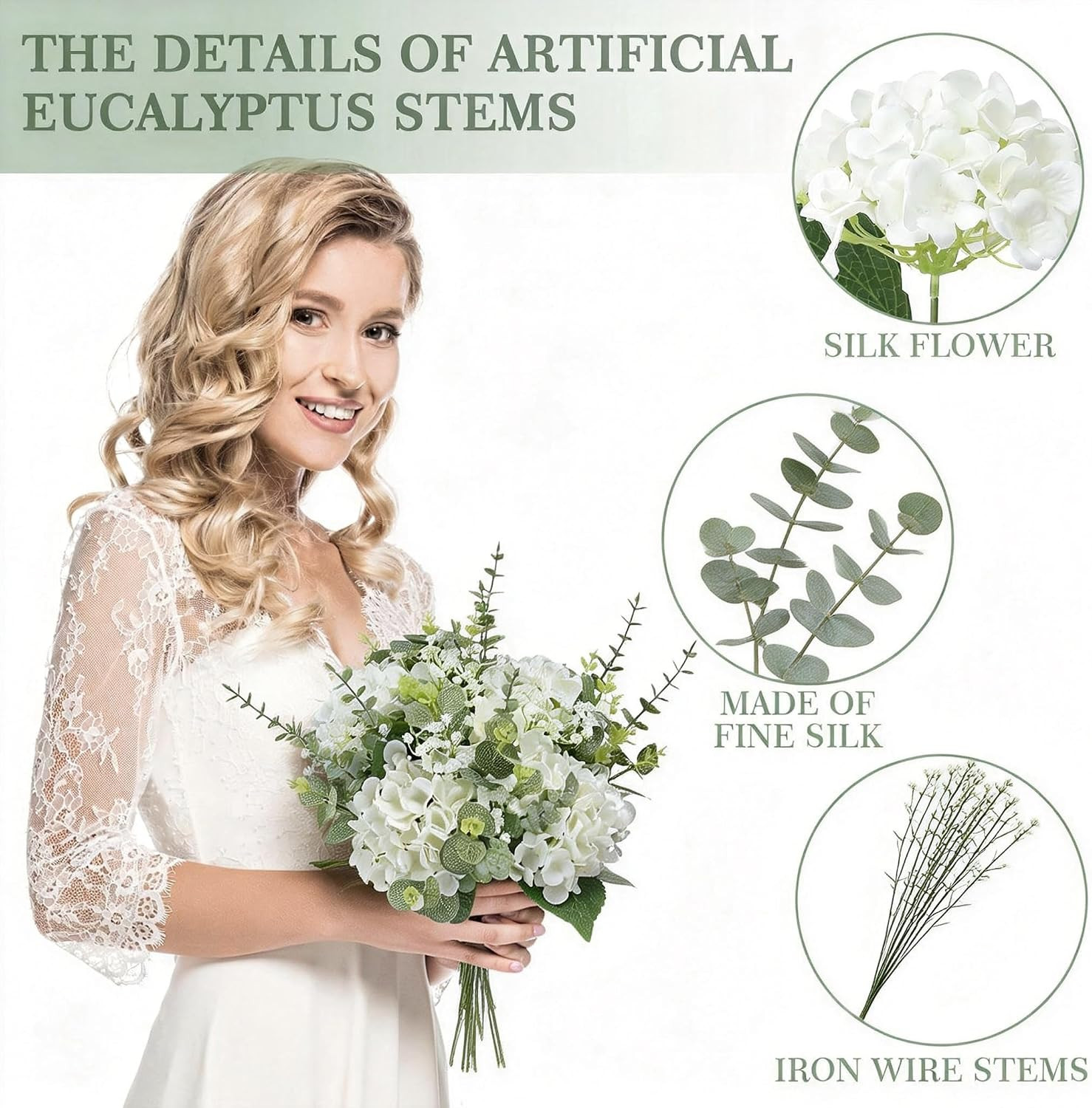 4 Kinds 55PCS Silk Hydrangea Artificial Flowers Eucalyptus Stems, Fake Flower Su
