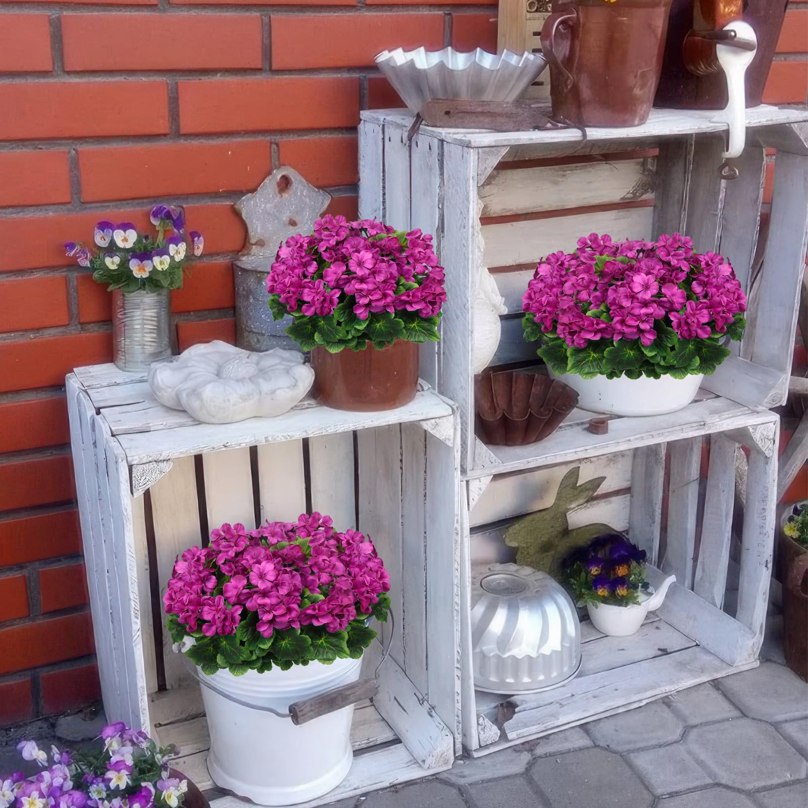 2 Pcs Artificial Geraniums for Outdoors Silk Cemetery Flowers Fuchsia Faux Fl…