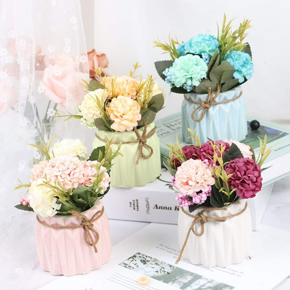 Fake Hydrangeas with Pot, Mini Hydrangea Artificial Flowers Artificial Plant in