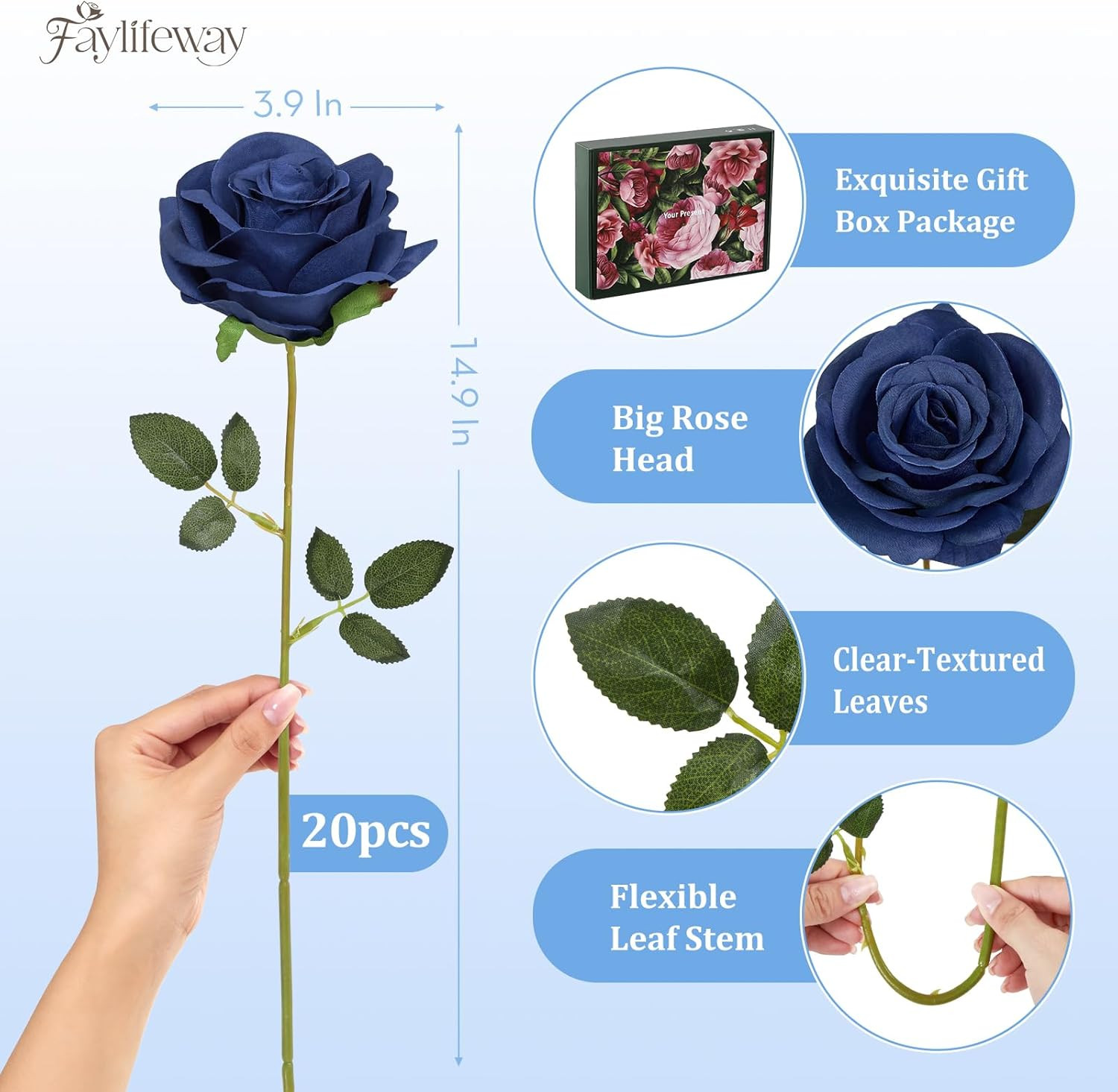 20PCS Artificial Dusty Blue Roses, 3.9” Silk Flower Head Fake Blue Rose with Lo