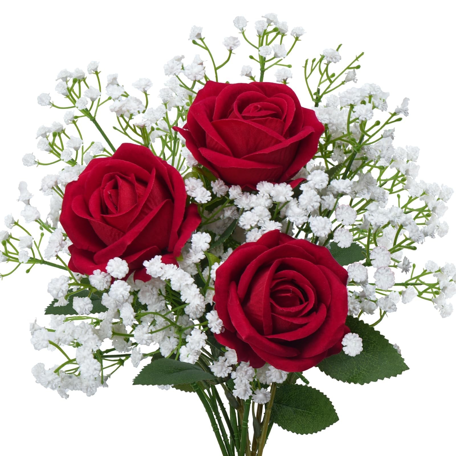 Red Velvet Roses With Faux Baby’s Breath Artificial Flower Arrangement Decor