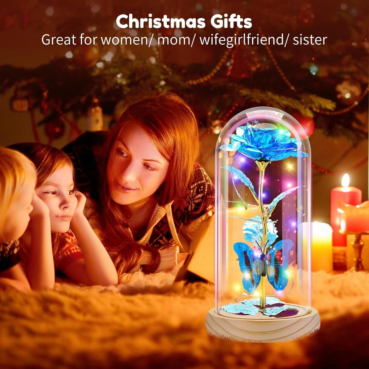 New Blue Butterfly Plastic Rose Led Glass Artificial Flower Dome Decor For Women
