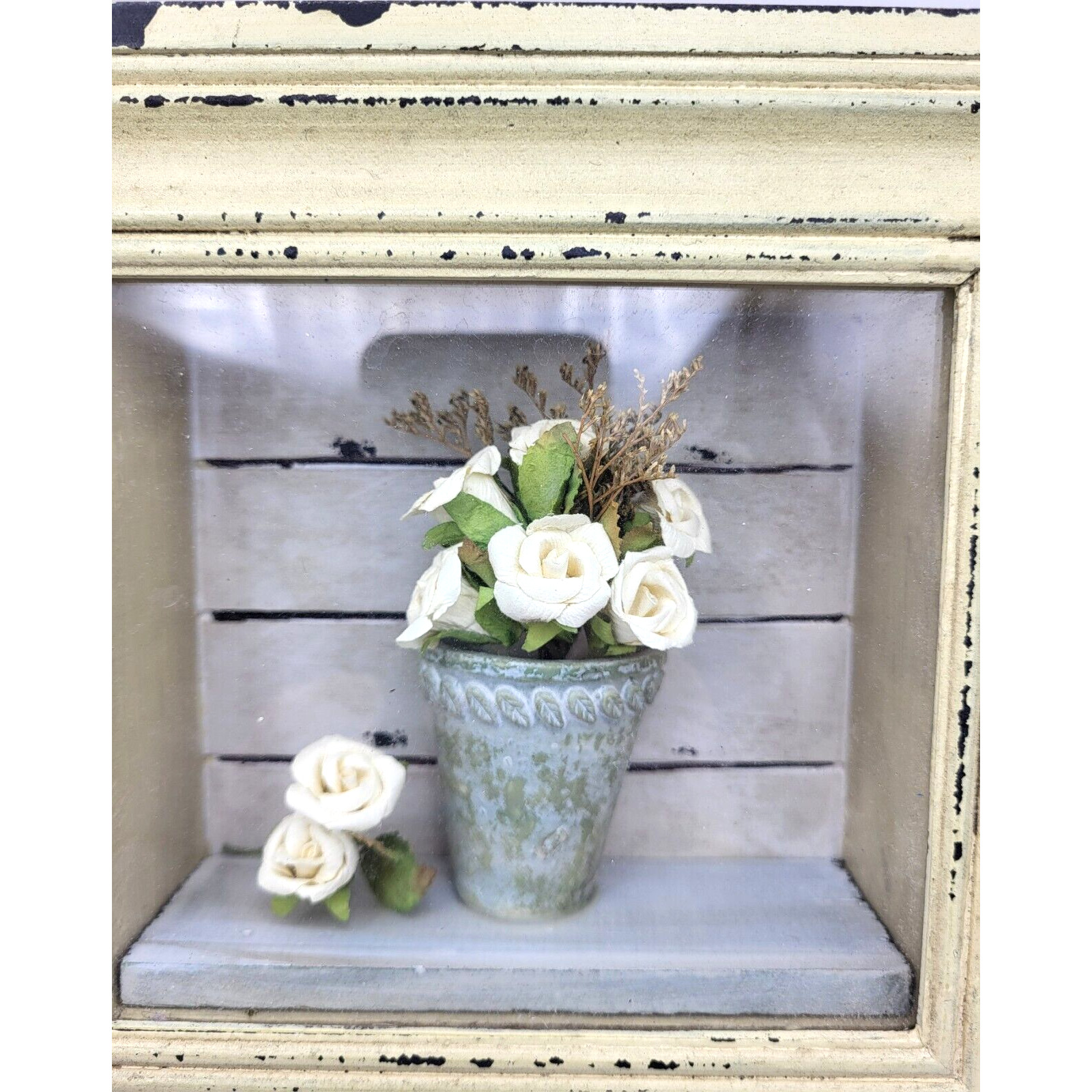 Vintage Rustic Wood Framed Shadow Box Flowers Pots Farmhouse Decor 14x8x2” us