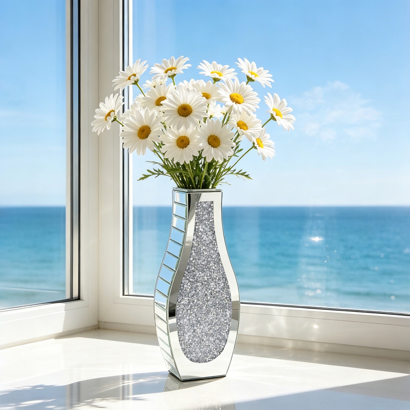 Crushed Diamond Mirrored Flower Vase Decorative Crystal Silver Glass Table Vase