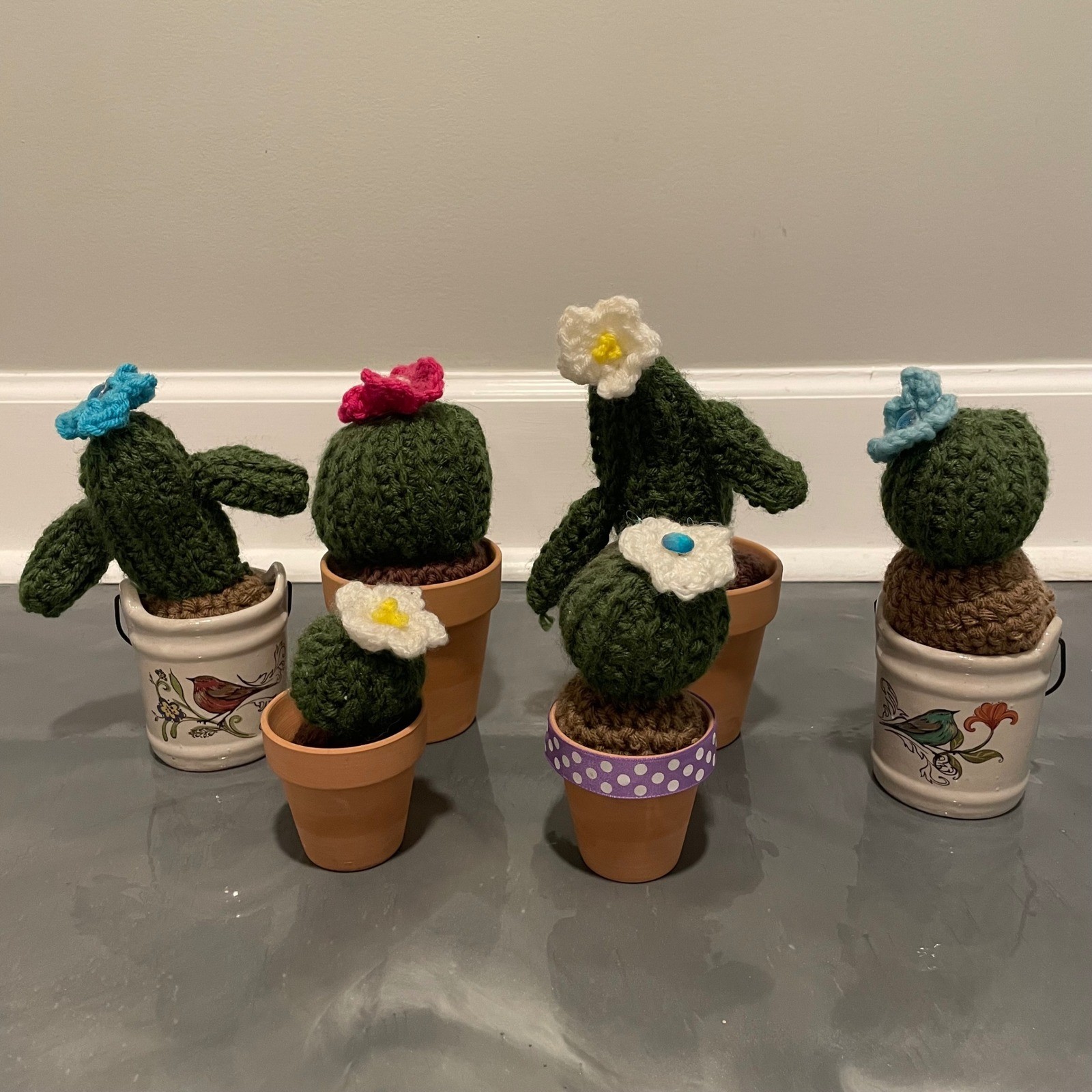 Handmade Crochet Cactus Succulent Set of 6 Potted Yarn Plants Decor Multi Color