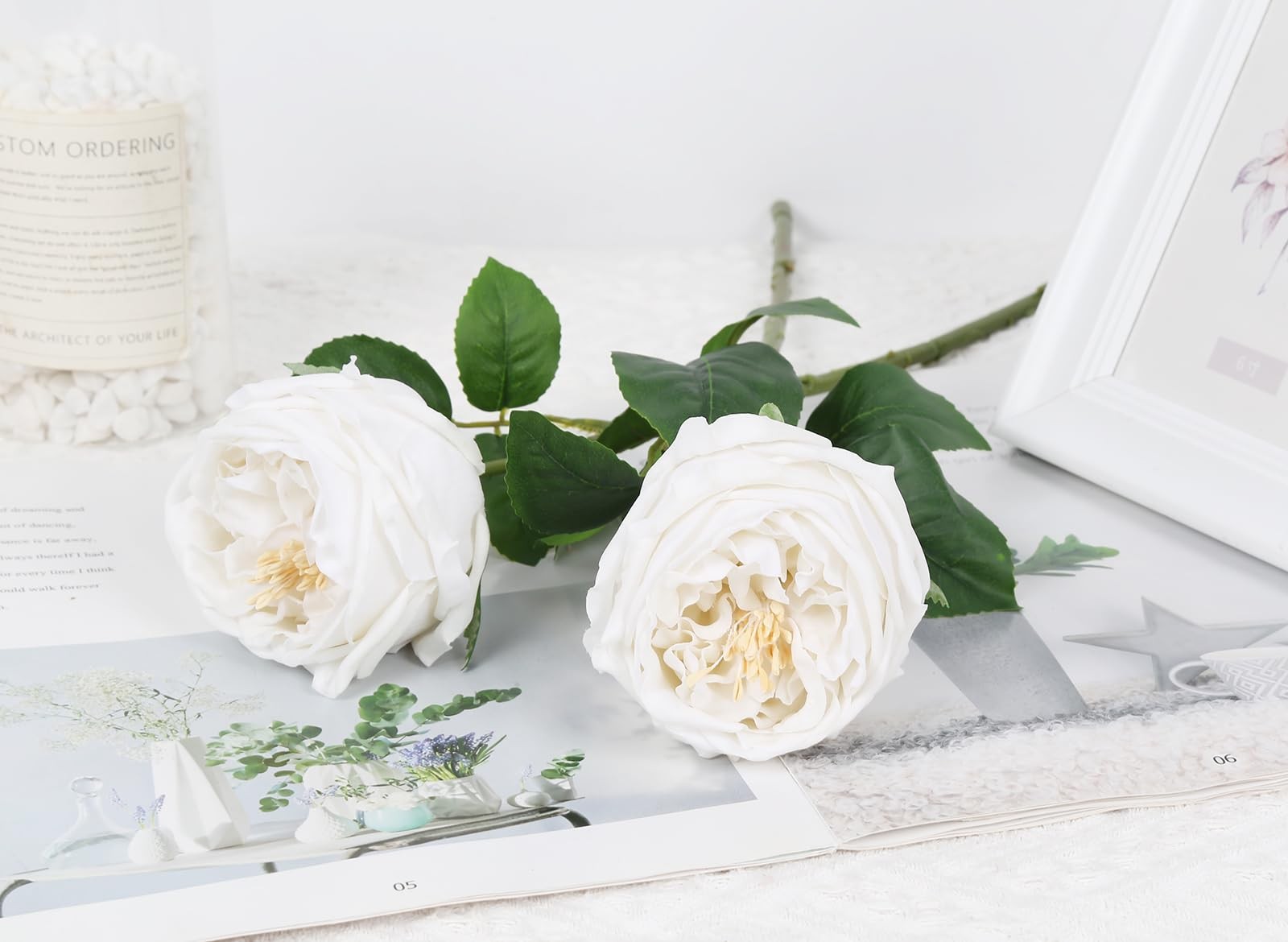 IPOPU White Roses Artificial Flowers,5PCS Real Touch Austin Roses Faux Peony …