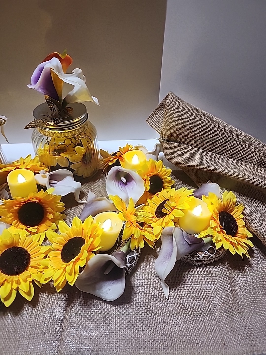 Sunflower Display W/ Lights 70 Inch Burlap 3 Canning Jar 10 Floral Candle Holder