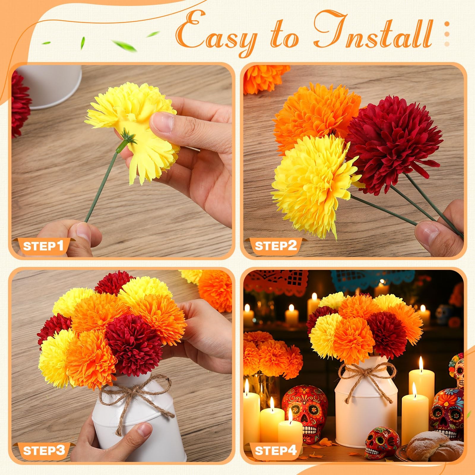 3 Sets Mexican Artificial Marigold Flowers 27 PCS Silk Mums Metal Pots